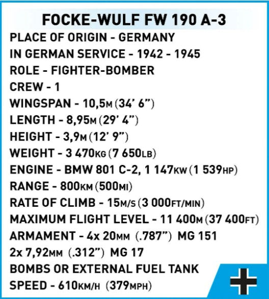 コビー COBI 5741 Focke-Wulf FW 190-A3 戦闘機 爆撃機 1/32 WWII