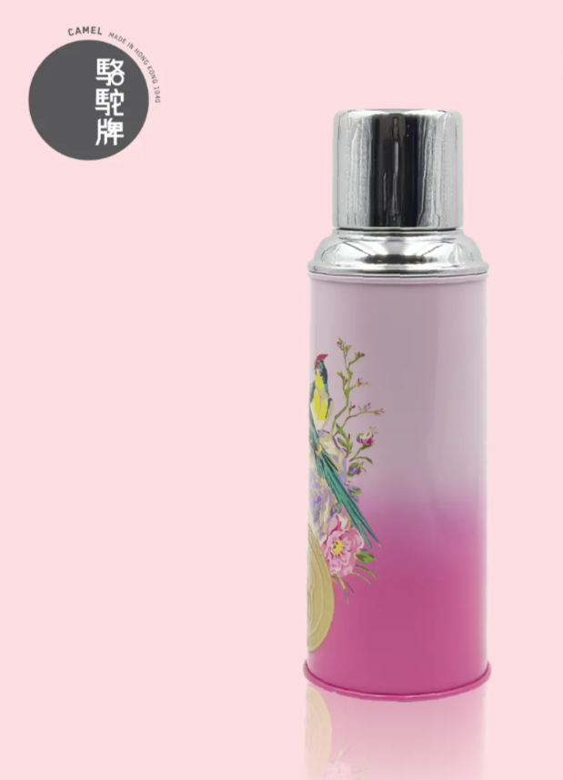 香港製 CAMEL 魔法瓶 450ml 二重ガラス 真空断熱 フラスク（キャップ一体型ストッパー付き）116 花鳥シリーズ