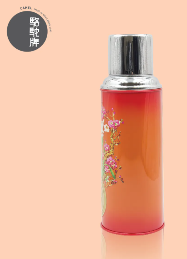 香港製 CAMEL 魔法瓶 450ml 二重ガラス 真空断熱 フラスク（キャップ一体型ストッパー付き）116 花鳥シリーズ