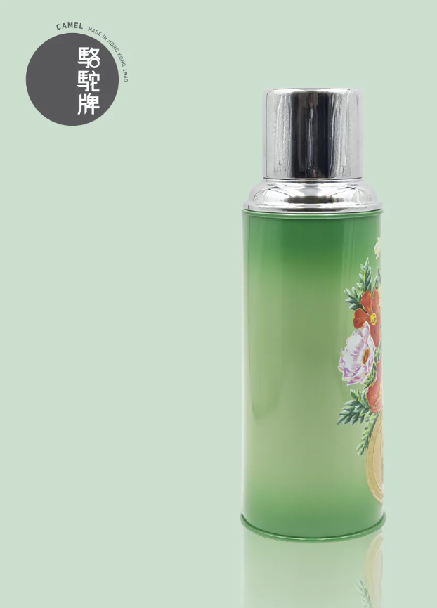 香港製 CAMEL 魔法瓶 450ml 二重ガラス 真空断熱 フラスク（キャップ一体型ストッパー付き）116 花鳥シリーズ