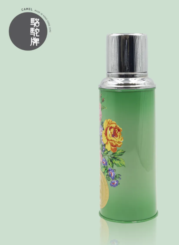 香港製 CAMEL 魔法瓶 450ml 二重ガラス 真空断熱 フラスク（キャップ一体型ストッパー付き）116 花鳥シリーズ