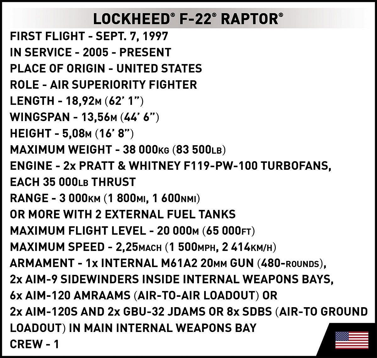 コビー COBI 5855 Lockheed F-22 Raptor 戦闘機 1/48 制空戦闘機
