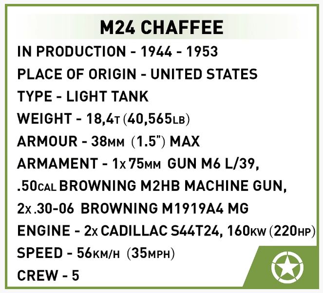 コビー COBI 2543 M24 チャフィータンク CHAFFEE ヒストリカルコレクション 第二次世界大戦 EU製（ポーランド Poland）LEGO対応ブロック