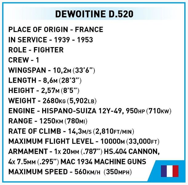 コビー COBI 5734 Dewoitine デヴォアティーヌ D.520 戦闘機 ヒストリカルコレクション 第二次世界大戦 EU製（ポーランド Poland）LEGO 対応ブロック