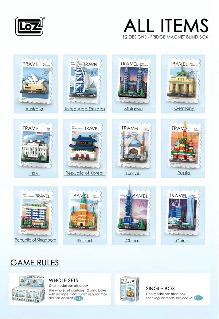 LOZ トラベルポストカード 冷蔵庫マグネット ブラインドボックス 全12種類セット ミニブロック